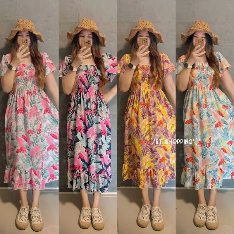 พร้อมส่ง เดรสยาวอกสม็อคลายใบไม้สวยๆ งานแต่งชายระบาย งานสวยๆรับ Summer อก 46 นิ้วใส่ได้