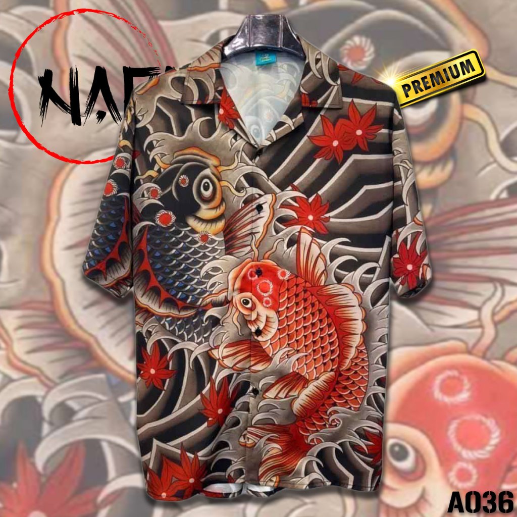 เสื้อฮาวายลายปลาคาร์ฟ A036 ผ้าไหมอิตาลี