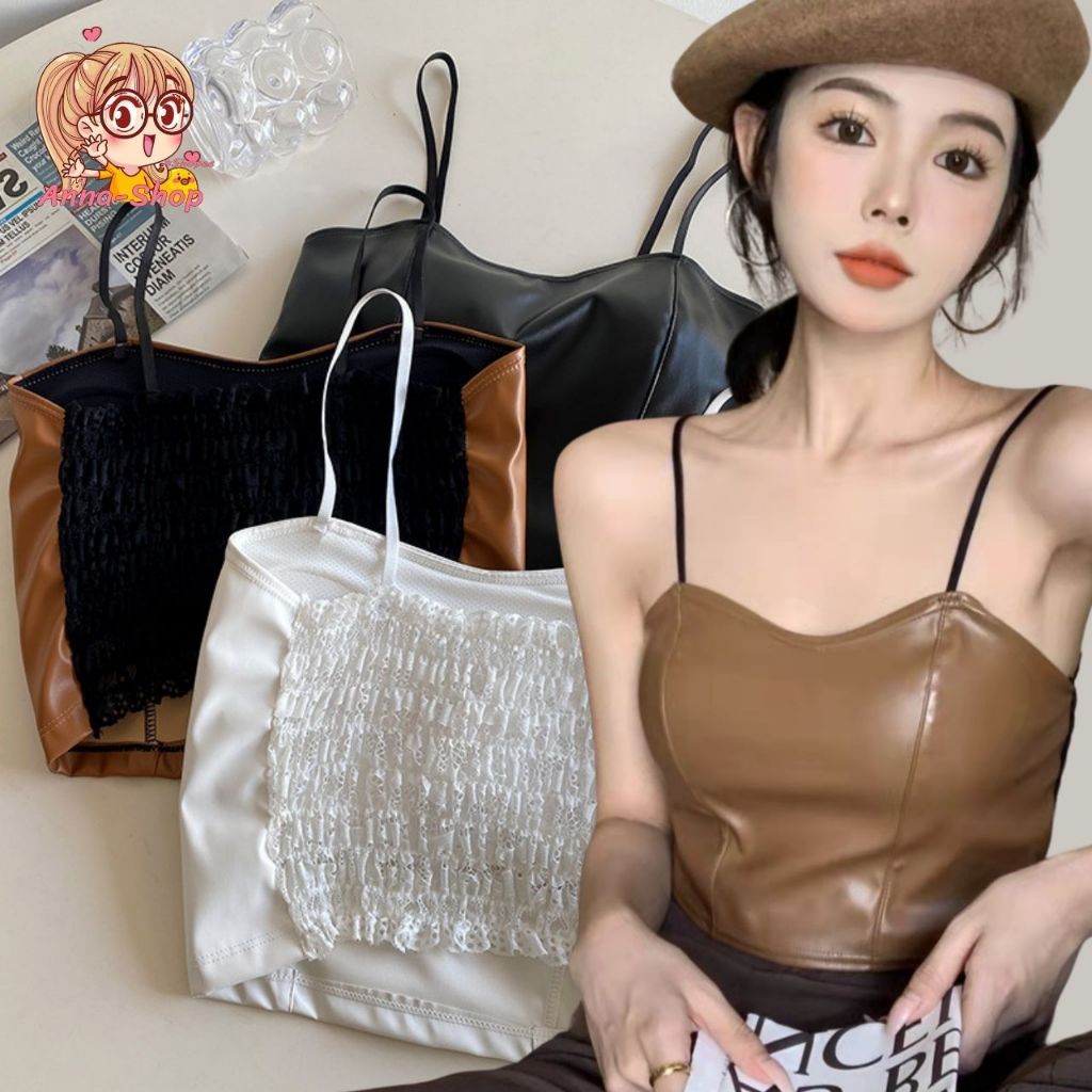annacny สายเดี่ยว ผ้าหนัง ครอปทอป สม็อคยืดด้านหลัง มีฟองน้ำ A148
