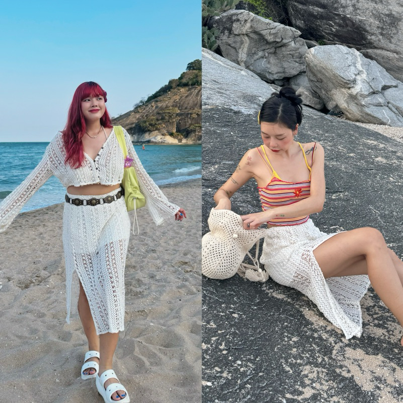 ss summer skirt (Beige) กระโปรงยาวผ่าข้างผ้าถักรับซัมเมอร์ ไซซ์เล็ก - สาวอวบ (s408)