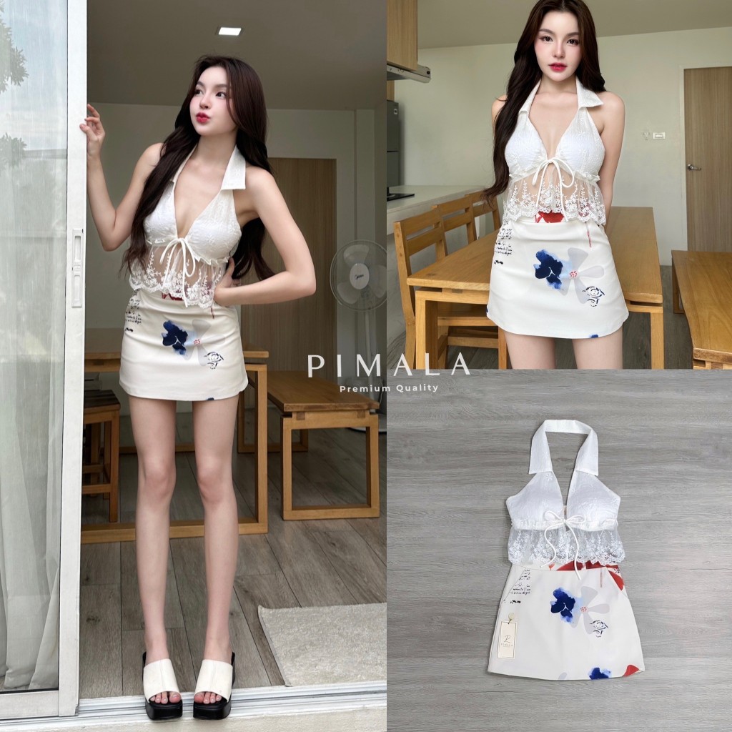 Pimala SETเสื้อ+กระโปรง เสื้อคอปกสีขาวลายลูกไม้สวยหรูเนื้อผ้าสั่งทอพิเศษ