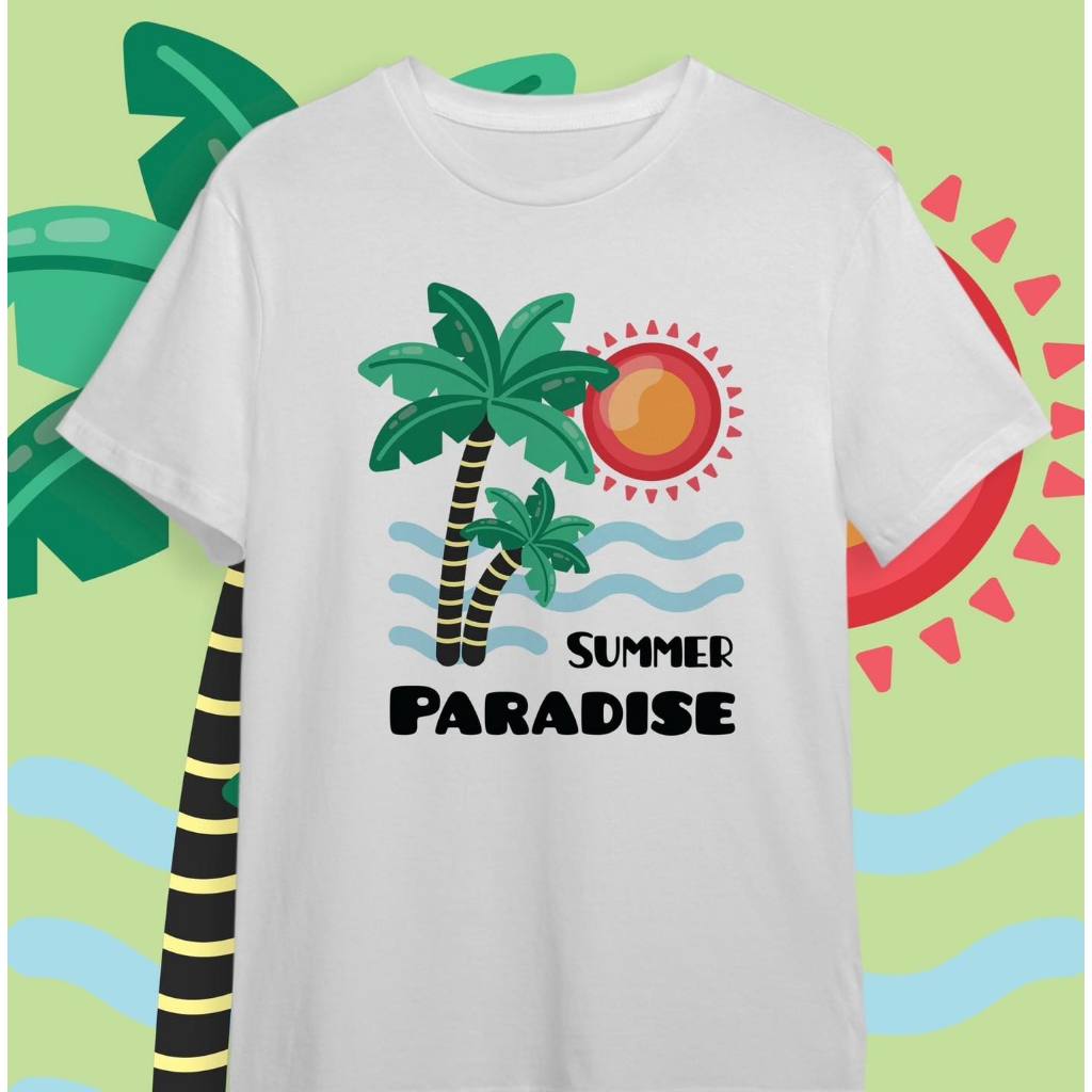 เสื้อยืด ลาย Summer Paradise เนื้อผ้า TK สีสกรีนสดใส ไม่ยืด ไม่ย้วย