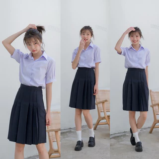 กระโปรงนักเรียนทรงแคบ สีกรมเข้ม-สีดำ ตีเกล็ด 5.5 นิ้วผ้ามัน ดีวาย กระเป๋าลับ ซิปซ่อน ตะขอปรับ 3 ระดับ ความยาว 22“-26”