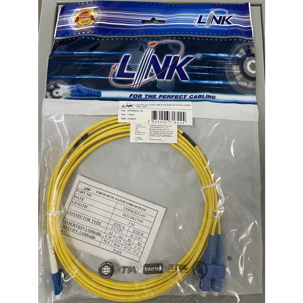 Link UFP962D31-03 Fiber Optic SC-LC Patch Cord Duplex Single-mode,(3.0mm Jacket)/UPC-UPC,Lengths 3m.
