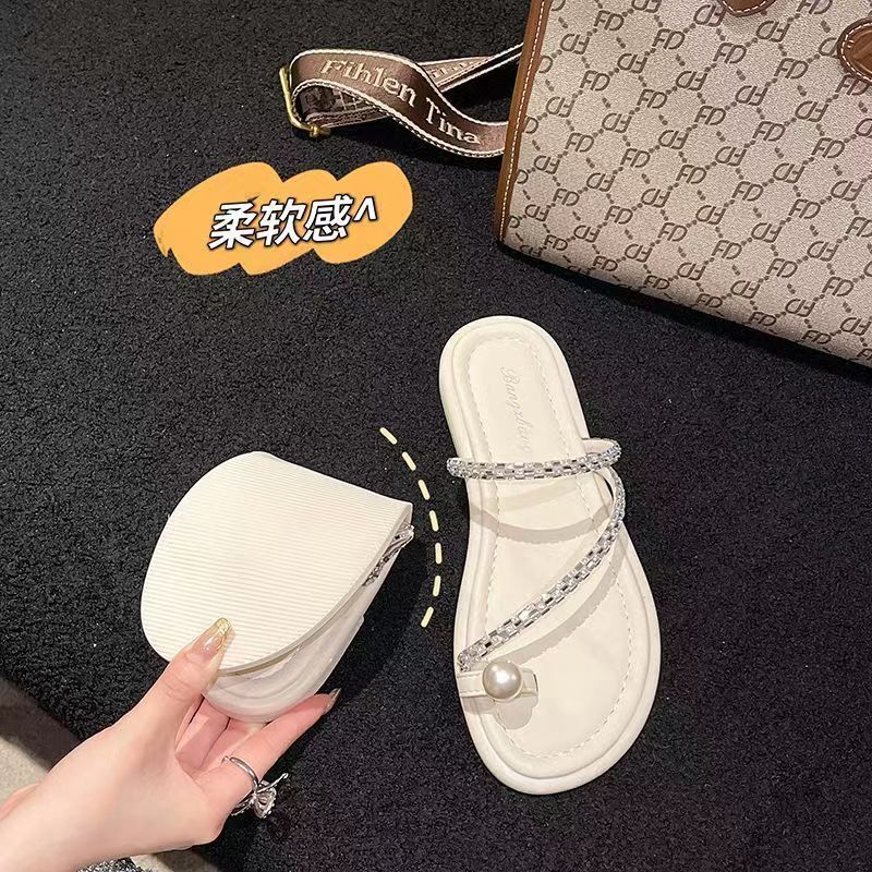🔥 35-40 รองเท้าแตะส้นแบนสีขาวเวอร์ชั่นเกาหลีย้อนยุคเรียบง่ายลำลองสีทึบ rhinestone โบว์หนึ่งคำกับรองเท้าแตะโรมัน