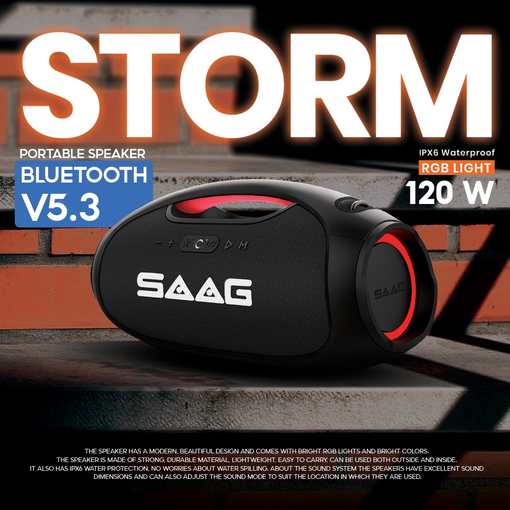 SAAG Bluetooth Speaker Storm ลำโพงบลูทูธ กันน้ำ ไฟRGB เบสแน่น ลำโพงพกพา