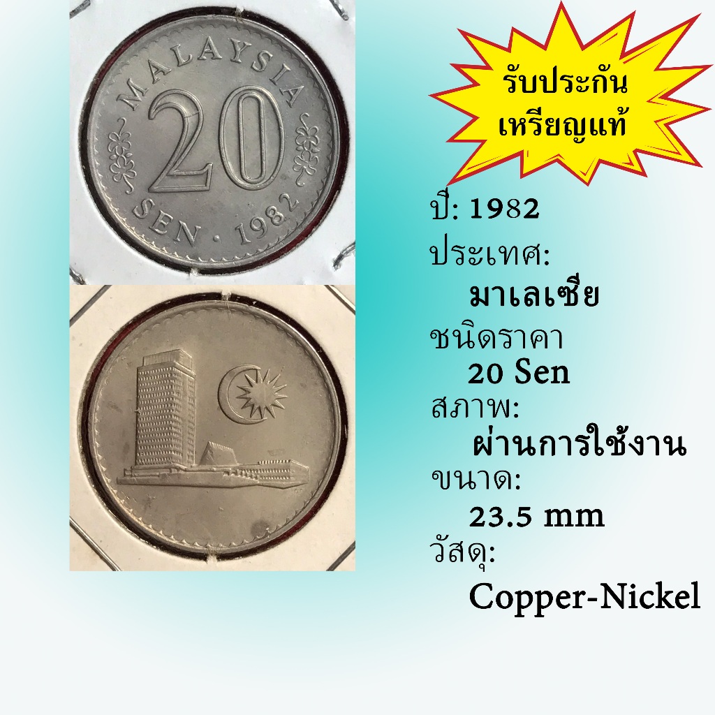 No.2119-62 ปี1982 Malaysia มาเลเซีย 20 Sen เหรียญต่างประเทศ ของเก่า หายาก น่าสะสม ราคาถูก