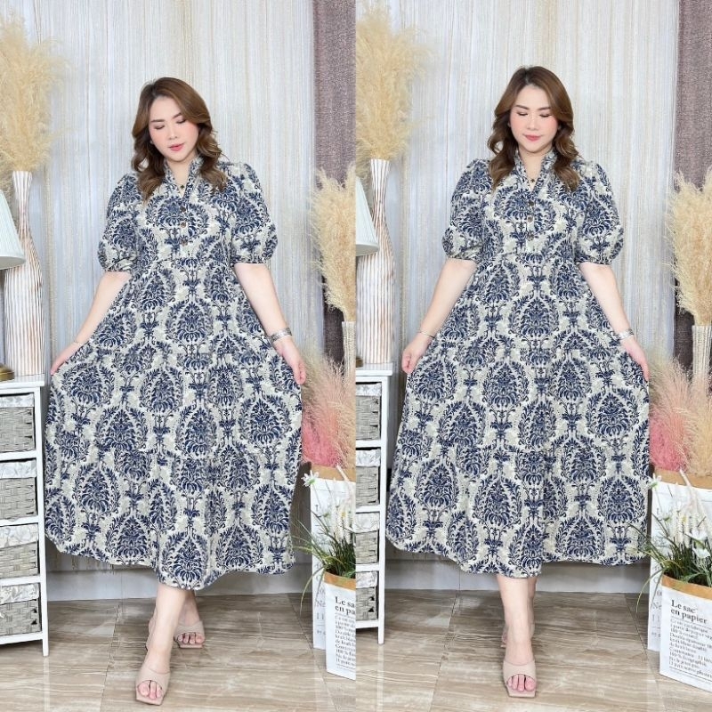 พร้อมส่ง.เดรสคอจีน ลายไทยสาวอวบ Free size:32 – 46 นิ้ว.เป็นผ้าไหมอิตาลี. ราคา ถูกที่สุด ดีลบีเคเค แกลเลอรีภาพที่ 3