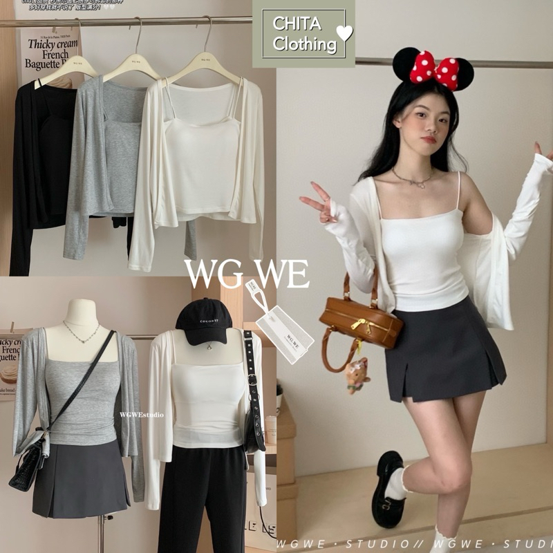 7904# Set 2 pcs เสื้อคลุมแขนยาว + สายเดี่ยวมีฟองน้ำช่วงอก TAG:WG.WE