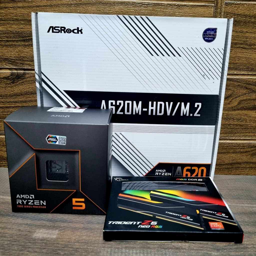 CPU AMD RYZEN 5 7600 + ASROCK A620M HDV/M.2 DDR5 + RAM 32GB 16X2/6000 G.Skill Trident Z5 มือ2 ครบกล่