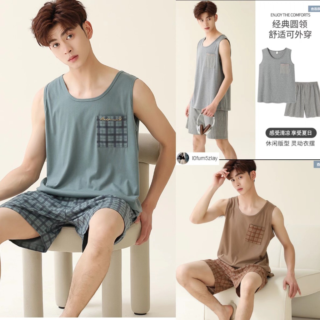 L-4XL(ราคาถูกที่สุด)ชุดนอนผู้ชาย， ชุดนอน 2 ชิ้น， ผ้าฝ้ายคุณภาพสูง， 5 สี， ขาสั้น+เสื้อยืด，ได้รับความนิยมอย่างมาก