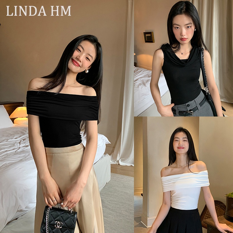 พร้อมส่งจากกทม เซ็กซี่เสีดำสื้อแขนสั้น เปิดไหล่ข้างเดียว เสื้อปาดไหล่ผู้หญิง สไตล์ยุโรปและอเมริกา ทรงเข้ารูป