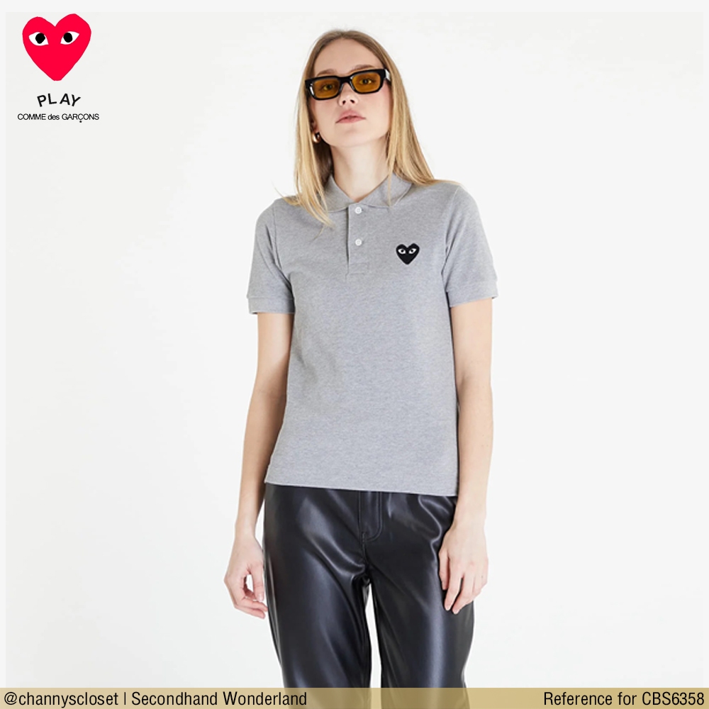 💖USED Comme des Garcons Play - Gray Heart Polo Shirt | เสื้อโปโลสีเทา สีดำ เสื้อยืด หัวใจ แขนสั้น คอปก สายฝอ แท้ มือสอง
