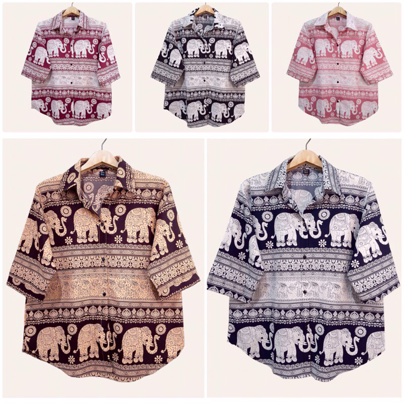 (อก 44”) เสื้อเชิ้ต เเขนสามส่วน ผ่าหน้า ลายช้าง ผ้าไหมอิตาลี ไม่ต้องรีด