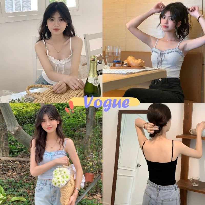 Vogue พร้อมส่ง เสื้อสายเดี่ยวไหมพรม รอบระบายน่ารัก คิ้วเกาหลี (Y1222)