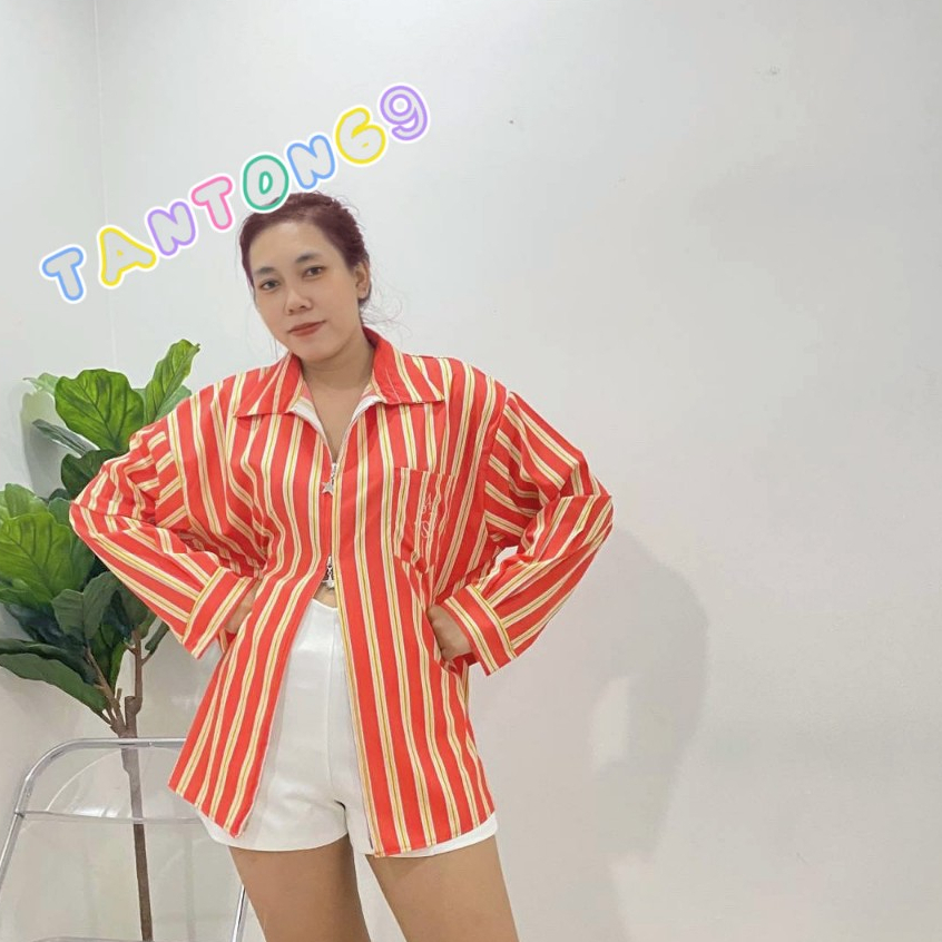 พร้อมส่ง!!!!เสื้อปกเชิ้ต-แขนยาว/ซิปดาว ปักกระเป๋า over size