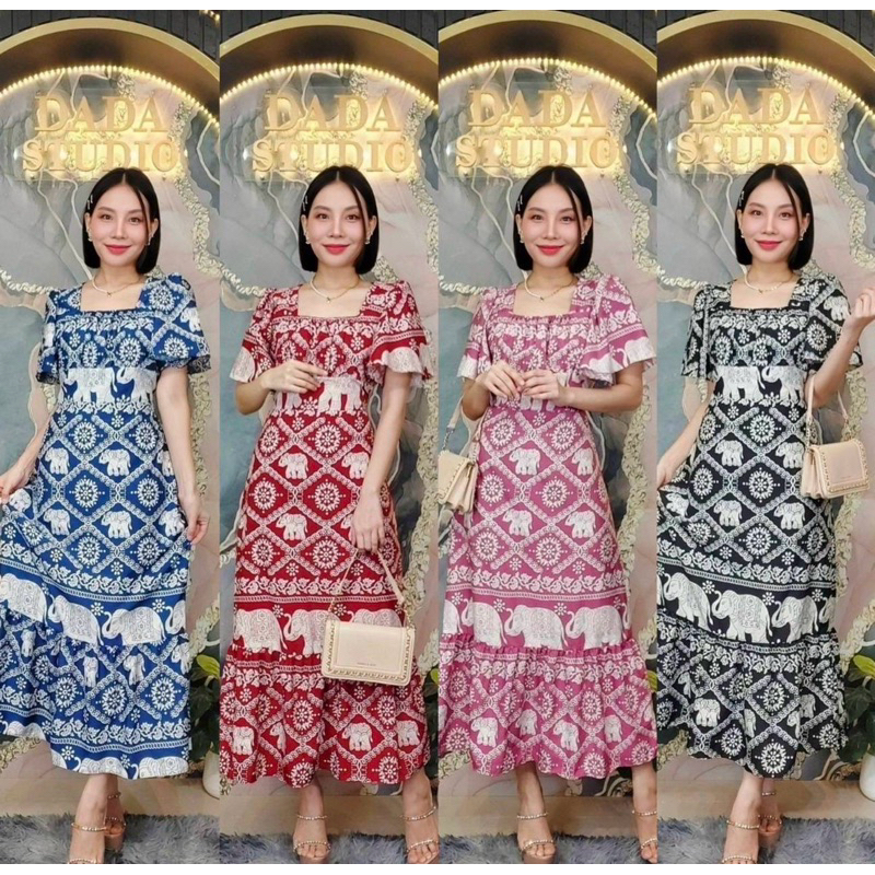 Hot Item เดรสยาวคอเหลี่ยมอกจีบผ้าไหมอิตาลี่แขนระบายลายช้าง#Maisie Shop