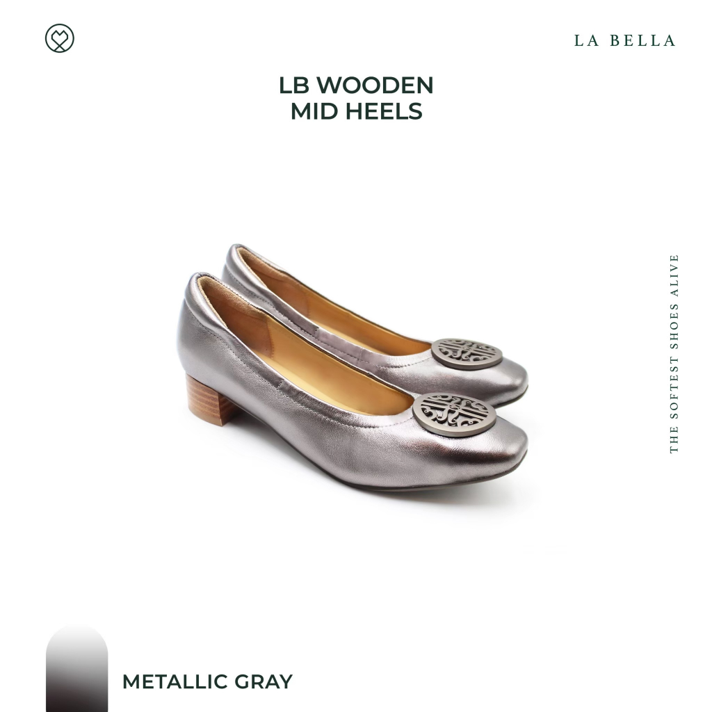 LA BELLA รุ่น LB WOODEN MID HEELS - METALLIC GRAY