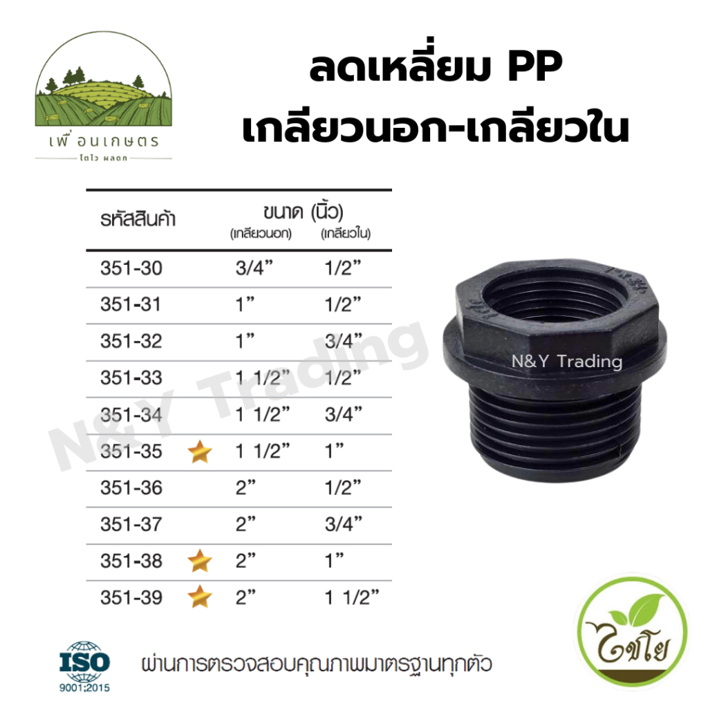ลดเหลี่ยม PP เกลียวนอก-เกลียวใน (แพ็คละ 1-5 ชิ้น)