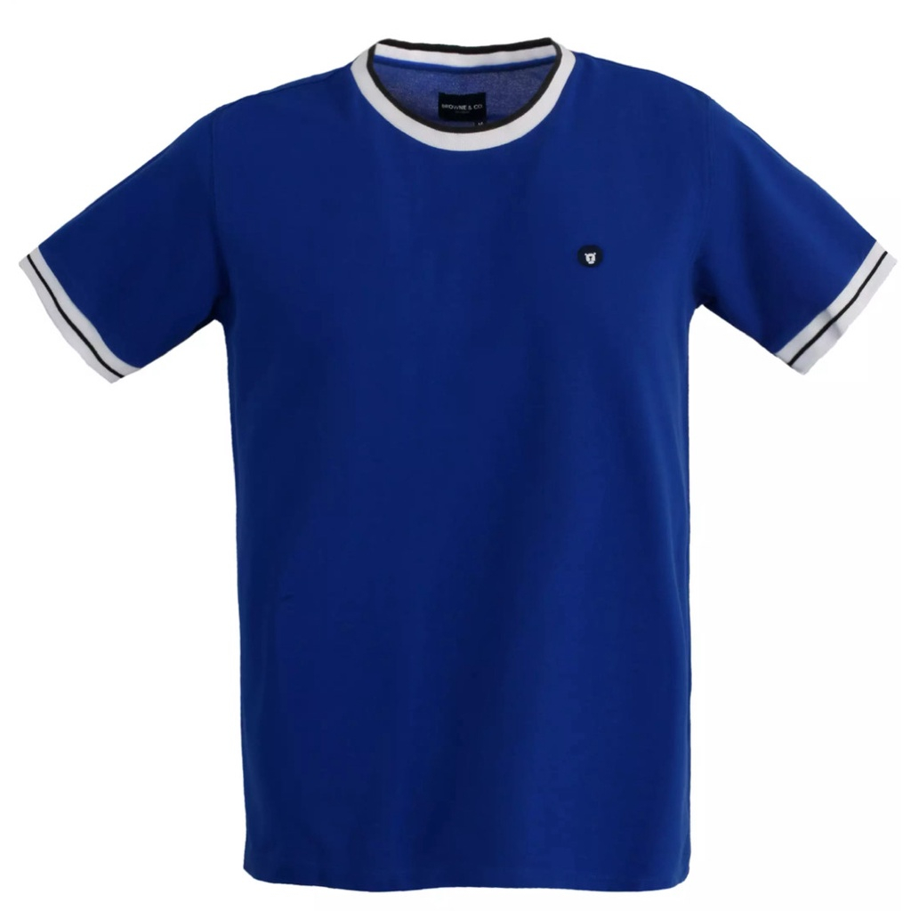 BROWNE & CO. เสื้อยืด คอตตอน สีน้ำเงินนาวี คอ แขน ตัดต่อผ้าทอลาย รุ่น TPT002-1-BU