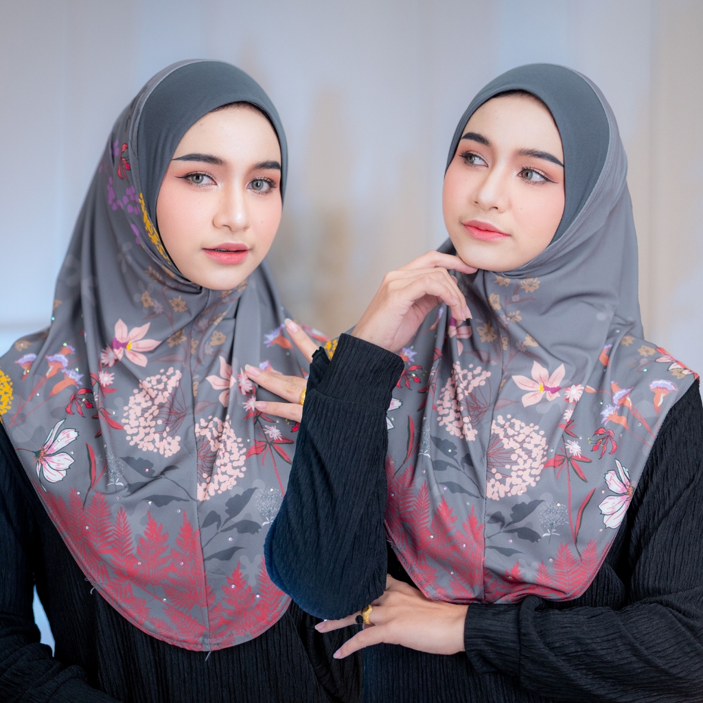 ผ้าคลุมฮิญาบหน้านิ่ม สวมสำเร็จ รุ่น ZANA ลายดอกไม้รวม ใส่ออกงานอิสลาม HL83วาริสมุสลิม