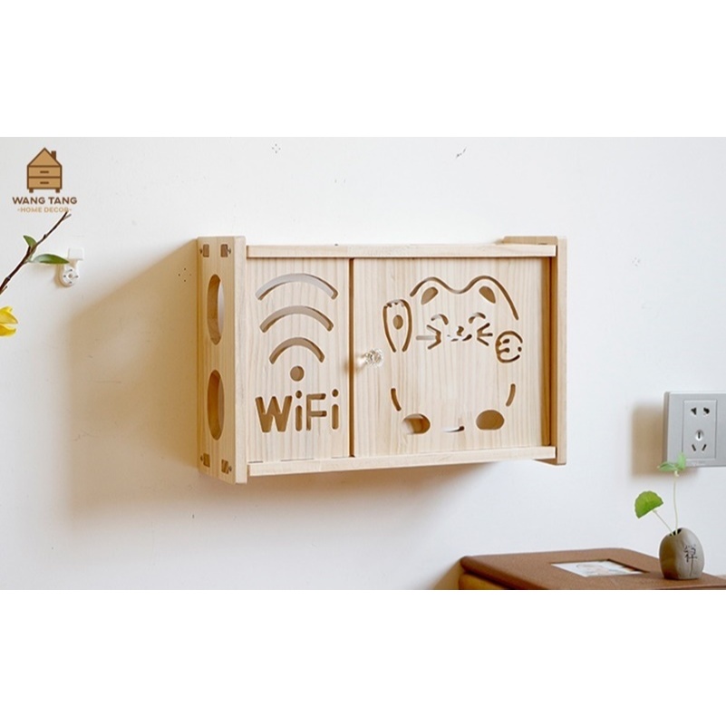 ตู้ครอบปิดเร้าเตอร์ติดผนัง งานไม้จริง วัสดุไม รุ่น CAT HOUSE WIFI