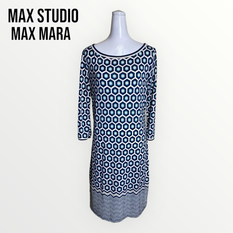 Max Studio By Max Mara เดรสแขนสี่ส่วนผ้ายืดสีน้ำเงิน