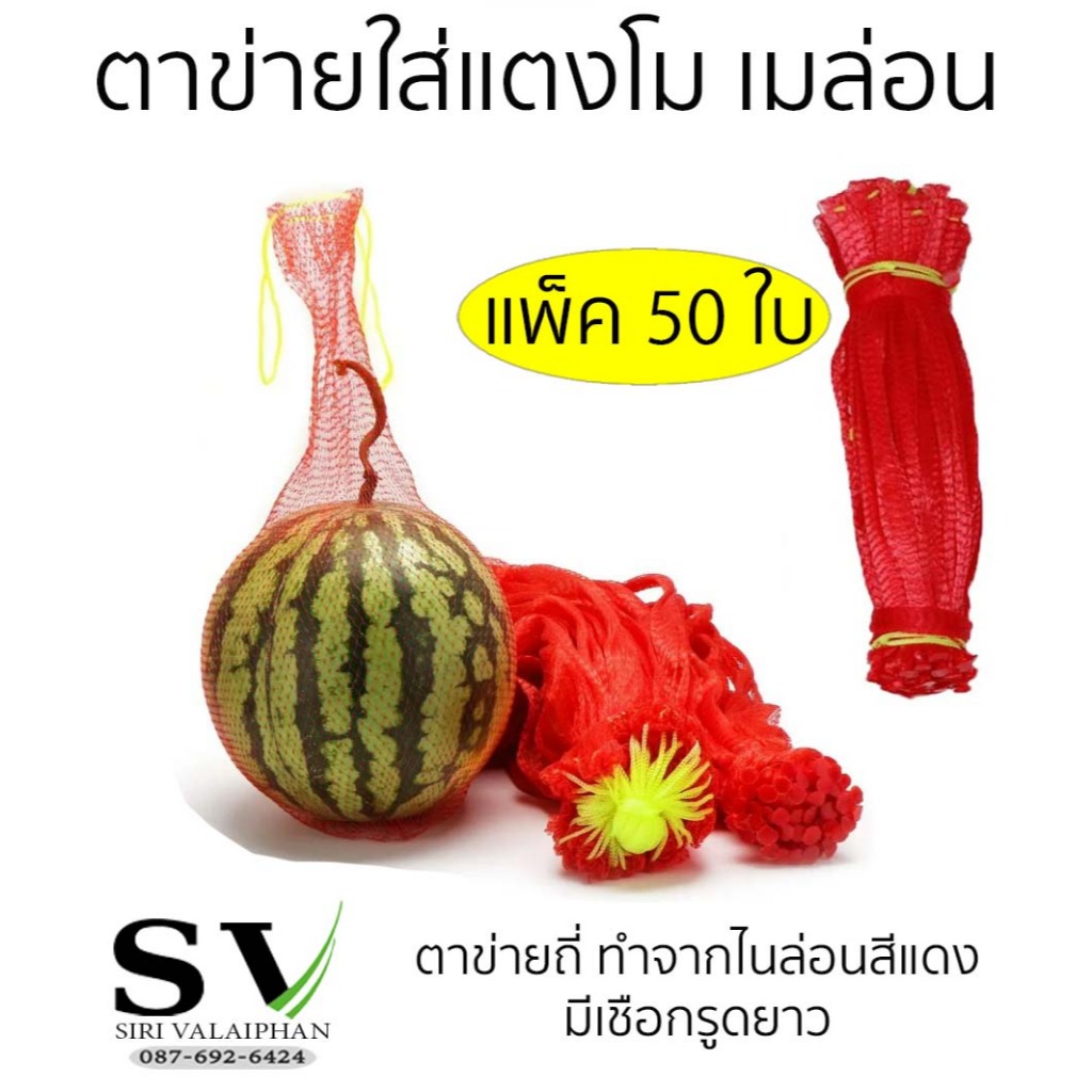 ตาข่ายใส่แตงโม ไนล่อนสีแดง แพ็ค 50 ชิ้น สำหรับปลูกไม้ผลแนวตั้ง แตงโม เมล่อน หรือผลไม้อื่นๆ  รับน้ำหนักได้มากถึง 10-12 kg
