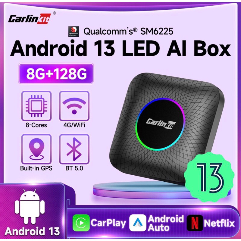 พร้อมส่งCarlinkit Carplay AI Box Plus LED Android 13 8 + 128GB QCM6225 8-core ทีวีไร้สายAuto YouTube Netflix IPTV 4G LTE
