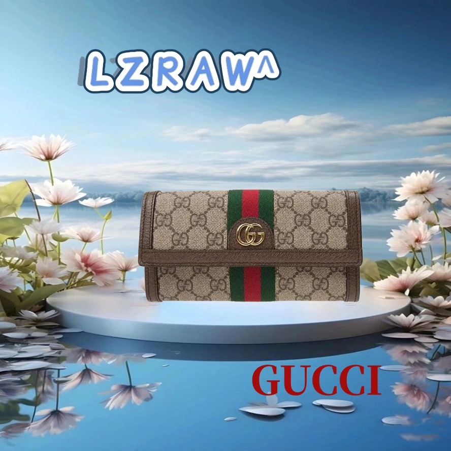 GUCCI Ready Stock กระเป๋าสตางค์ผู้หญิงใหม่ของ Gucci classic Ophidia series GG กระเป๋าสตางค์ใบยาว