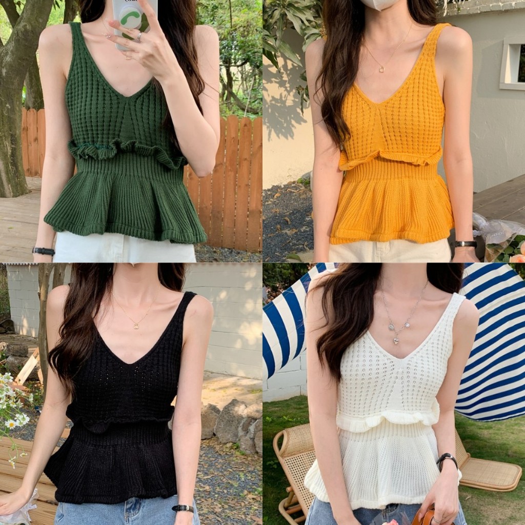 เสื้อกล้ามผู้หญิง สายเดี่ยวไหมถัก จั๊มเอว ไหมพรมถักโครเชต์ ปกปิดพุง #112139