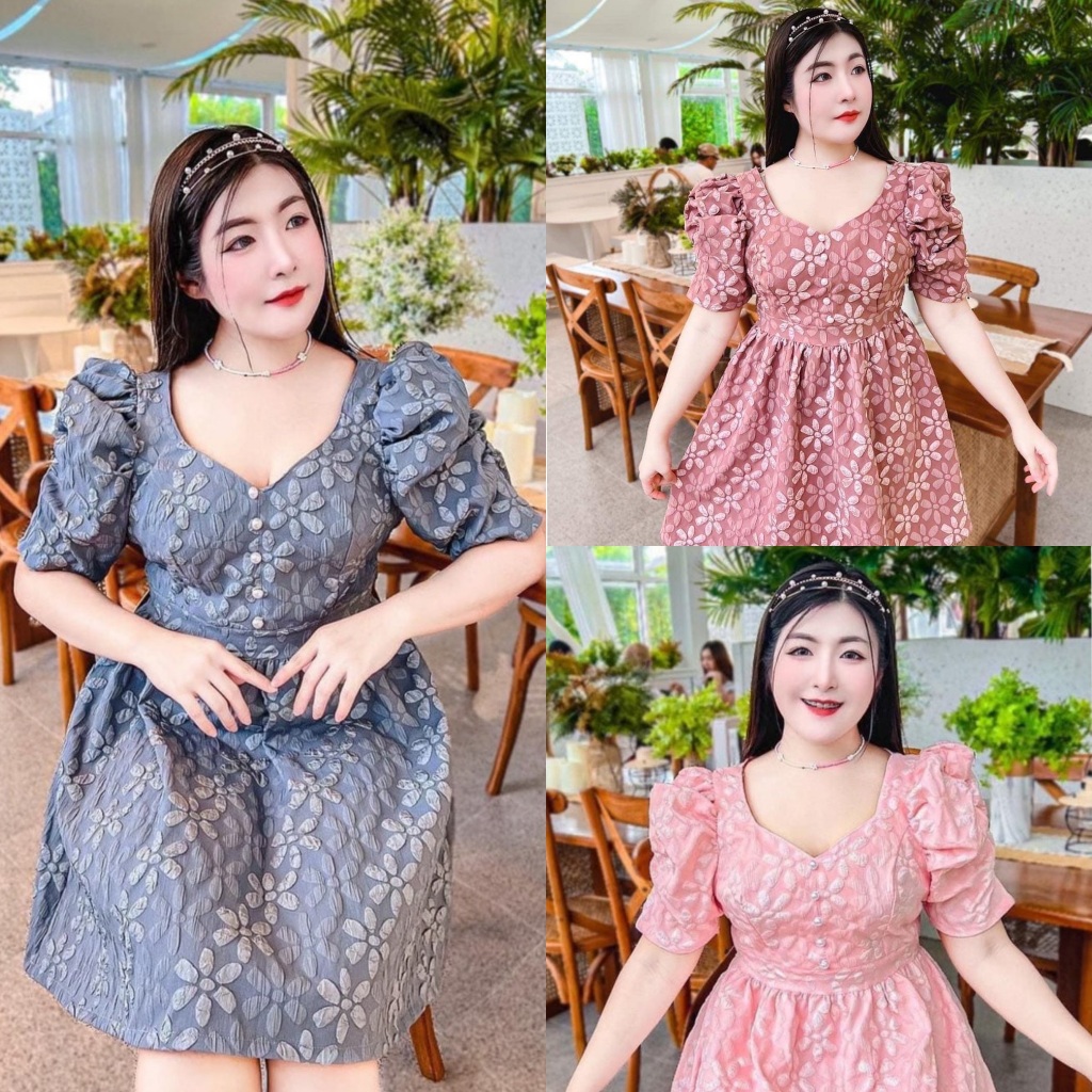 ชุดเดรสสาวอวบลายดอก แขนย่น อก 36-40" / อก 42-46"
