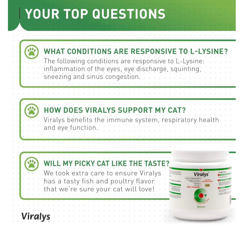 *2 Size (ไลซีนแมว เสริมภูมิคุ้มกัน แมวแก่ แมวป่วย) Vetoquinol Viralys Powder Immune Supplement for Cats, 3.5-oz - รูปที่ 5