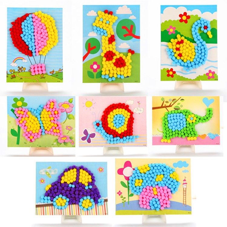 Pom Pom DIY สติกเกอร์ปอมปอม ประดิษฐ์ภาพจากปอมๆ ลูกบอลนุ่น วาดรูปด้วยนุ่น 3D Hairball painting ของเล่นเสริมพัฒนาการเด็ก