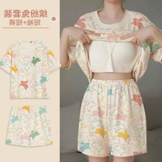 พร้อมส่งชุดนอนมีบราในตัวชุดนอนแขนสันขาสั้น ผ้าเด้งเนื้อผ้านุ…