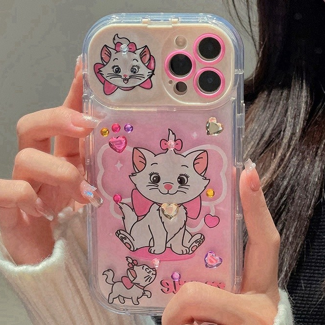 สำหรับ iPhone 11 15 14 13 12 Pro MAX 7 8 14 Plus XS MAX เคส Cute Cartoon แมวสีขาวหรูหราพลิกกรณีโทรศัพท์กระจกป้องกันการตก