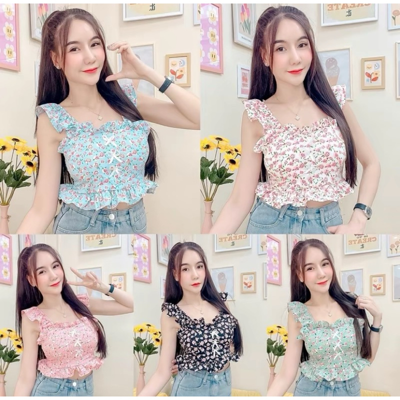 TT365เสื้อครอปปีกกล้ามระบายเสริมฟองแต่งโบมินิ3โบลายดอก