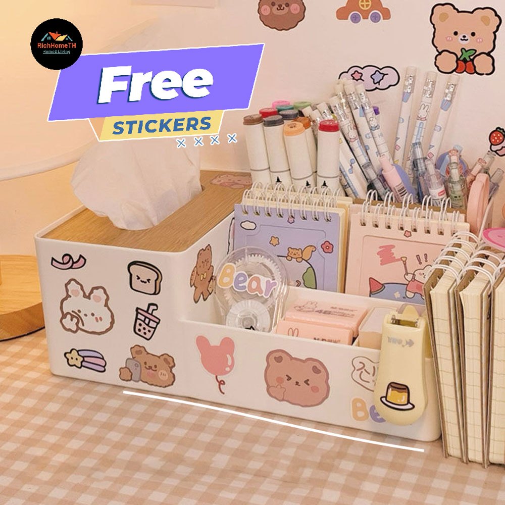 richhometh กล่องใส่เครื่องสำอาง พร้อมช่องใส่ทิชชู่ ฟรีสติ๊กเกอร์ กล่องทิชชู่ มีช่องเก็บของ