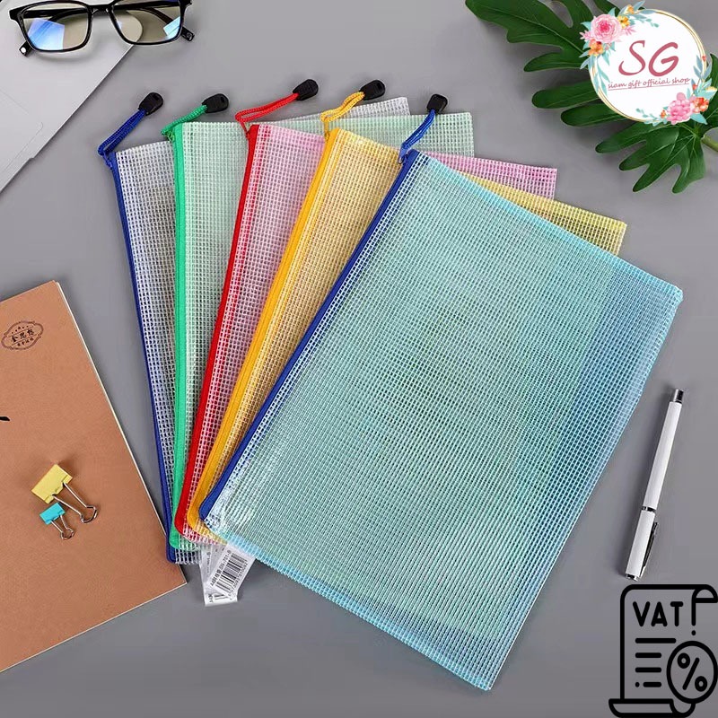 WGD2024 กระเป๋าดินสอแบบตาข่ายมีซิป กันน้ำ ขนาด B4, A3, A4, A5, A6 มี 5 สี เหมาะสำหรับเครื่องเขียน