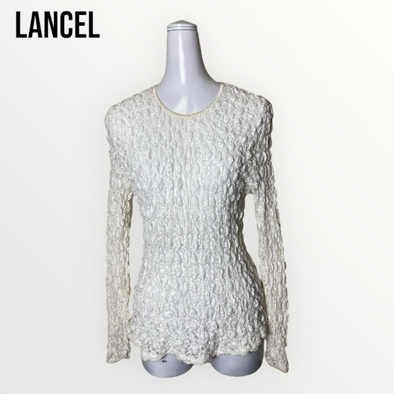 Lancel เสื้อคอกลมแขนยาวผ้าลูกไม้จับย่นสีขาว