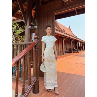 📌📌พร้อมส่ง ครบไซส์ XS S M L XL 🏷️CHERISH เซ็ท 3 ชิ้ิ้น(📍มีเข็มขัดมุก) ชุดงานบุญ ชุดไทย ผ้าไทย ทำบุญ ตักบาตร เรียบร้อย