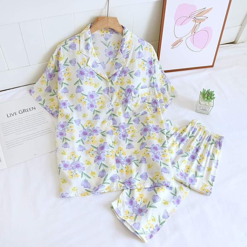 🌟พร้อมส่ง🌟ผ้าเยื่อไผ่ Bamboo Organic นิ่มนุ่มเป็นพิเศษ ชุดนอนขายาว ชุดนอนแขนสั้น ชุดนอนกันโป๊ มีฟองน้ำถอดออกได้