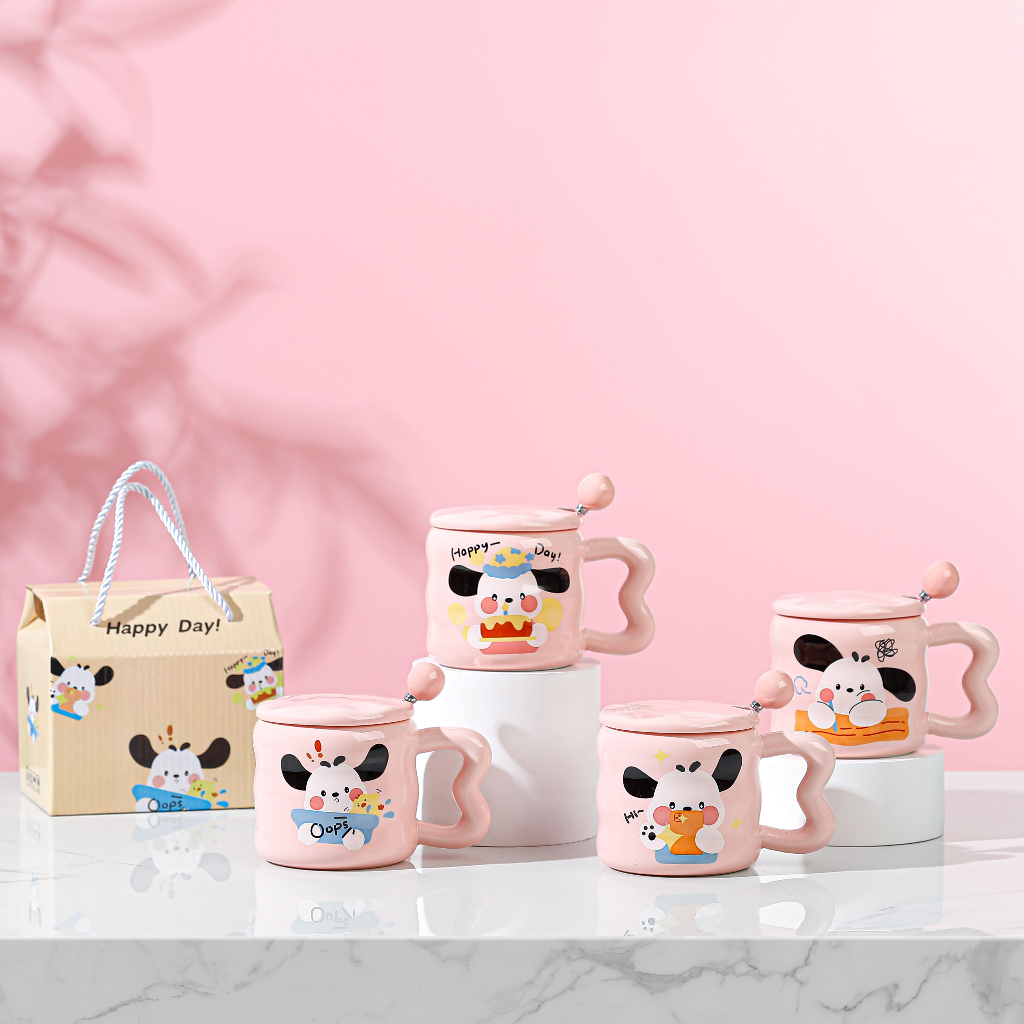 เซตกาแฟ พร้อมกล่องของขวัญลายหมาสีชมพูน่ารัก ชาวออฟฟิศนักเรียน นักศึกษา ราคาดีมาก