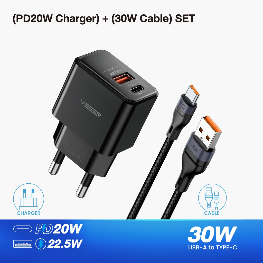 VEGER DUAL CHARGER SET USB-A TO TYPE-C QUICK CHARGE / 30W & WALL CHARGE 20W (VC-20W01(V-AC04) - รูปที่ 3
