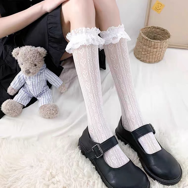ถุงเท้าผู้หญิง jk จากญี่ปุ่น ถุงเท้ายาวถึงเข่าลายลูกไม้สีทึบ สไตล์โลลิต้า หวานและน่ารัก