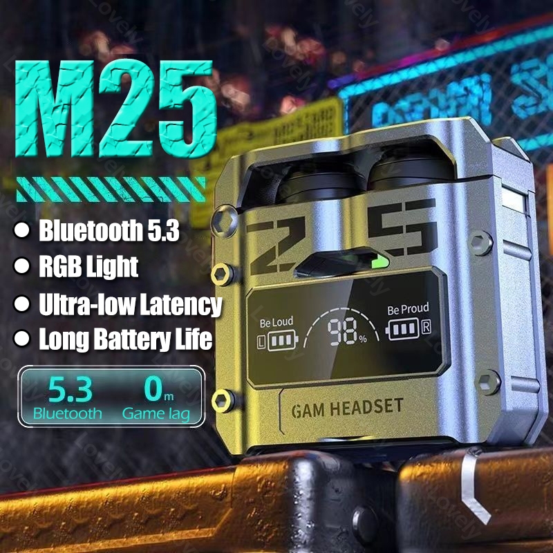 M25 TWS ชุดหูฟังบลูทูธสำหรับเล่นเกมพร้อมไมโครโฟน ชุดหูฟังไร้สายสเตอริโอไฮไฟ ชุดหูฟังระบบสัมผัสอัจฉริยะ