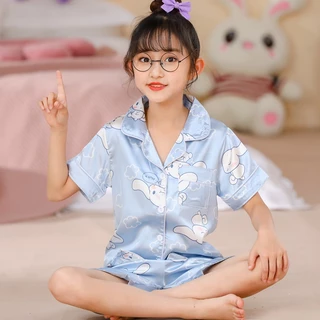 ชุดนอนเด็กผ้าซาติน ลื่น ผ้าเย็นสบายเรียบ ชุดนอนเด็กขาสั้นแขนสั้น คอปก กระดุมหน้าใส่ง่าย ผ้าคอตตอน ลายการ์ตูน สีสดใส