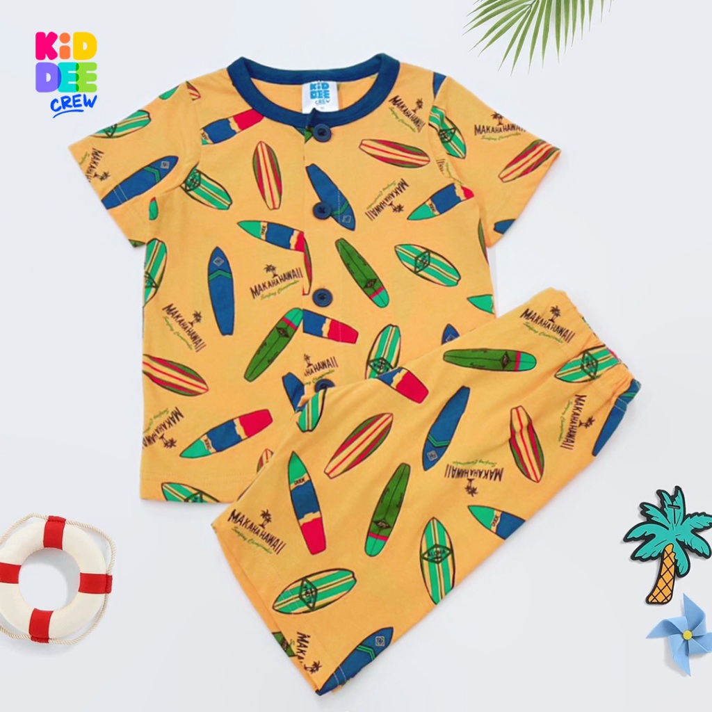 KiddeeCrew ชุดนอนเด็ก แขนสั้นขาสั้น สีเหลืองลาย วินเซริฟ ทะเล เหมาะสำหรับอายุ 1-12 ปี