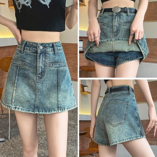 GHAOHES  กางเกงกระโปรงยีนส์ ดีเทลข้างหลังเป็นกางเกง สีเก่าย้…