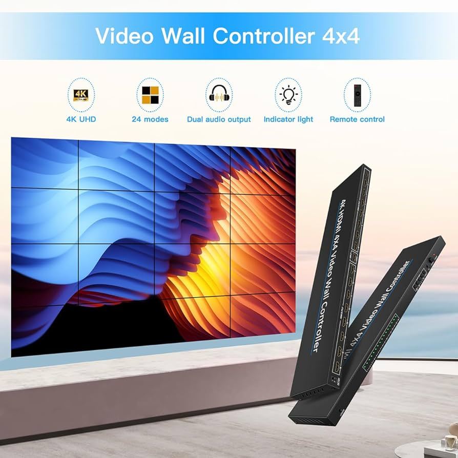 4K Video Wall Controller 4x4 3x5 5x3 4K60 HDMI Inputs for 16 TVs